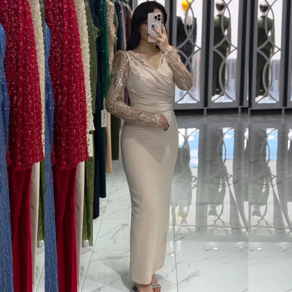 

Customized Retro Fashion Jersey Sequined Pleat Straight V-neck Midi Dresses Bespoke Occasion Exquisite