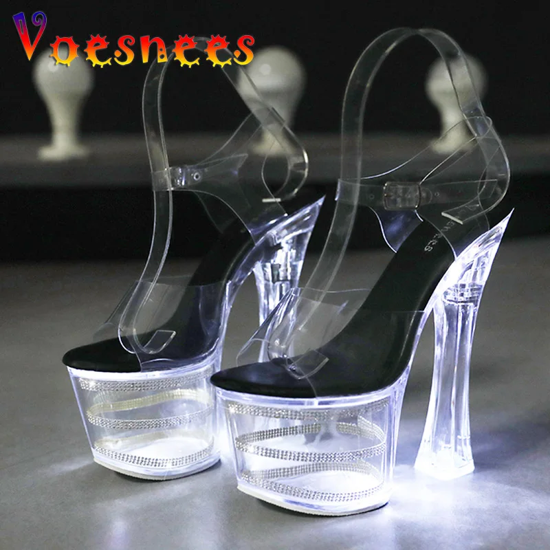 Nightclub Crystal Chunky Heel Shoes Light Up Glowing LED Transparent Platform Sandals Women Fashion Sexy Pole Dancing High Heels