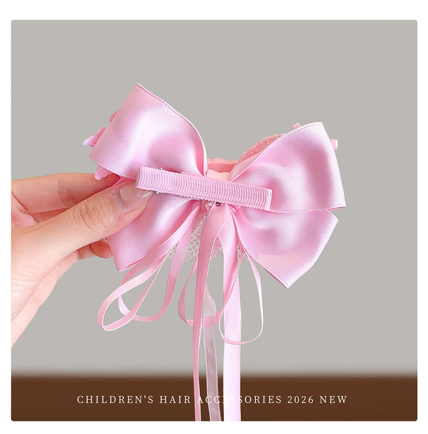 2026 Neue Mode Rosa Prinzessinnen-Schleifen-Blumen-Haarset Hochelastisch Haarschonend Lange Quasten Haaraccessoires für Mädchen Kinder Geschenk – Detail 6