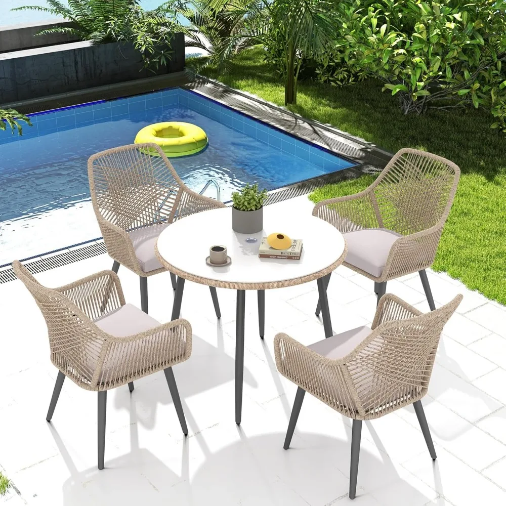 

5-Piece Patio Dining Set, Outdoor Dining Table Chair Set, All-Weather Twisted Rattan Wicker Rope Conversation Set, Patio Furnit