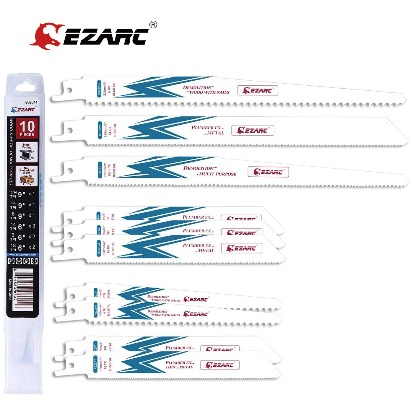 Ezarc 10Pcs Vergeldende Zaagbladen 150Mm Tot 225Mm Bi-Metalen Sloop Blade Set Voor Hout Metaal snijden Power Tool Accessoires