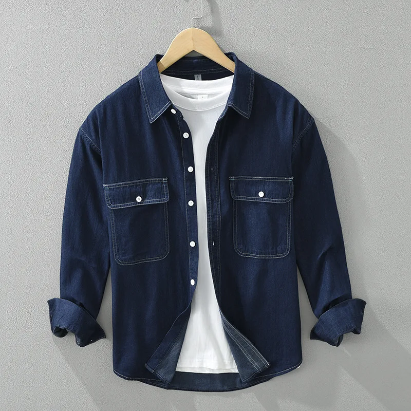 Korean Fashion Men Denim Shirt Spring Fall Clothing Casual Loose Top Pockets Pure Cotton Long Sleeve Shirts Man Daily Jean Shirt