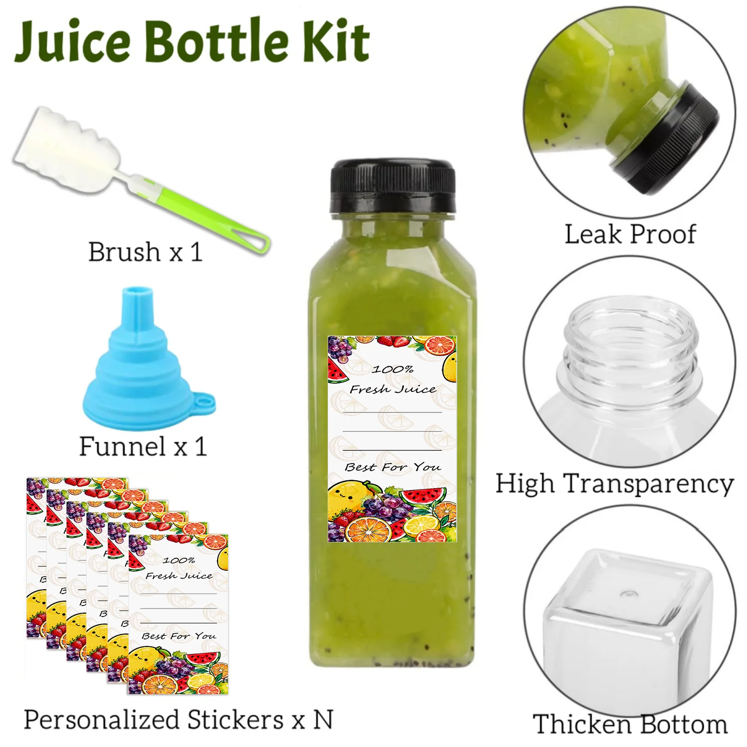 20-80pcs Plastic Juice Bottles 8/12oz Reusable Juice Bottles with Caps & Labels, Funnel, Brush ,Containers for Juicing Smoothies