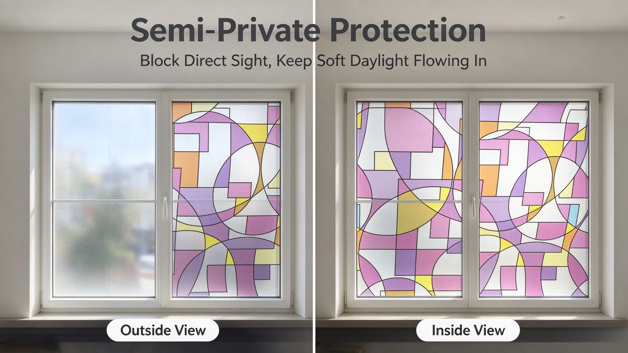 Colorful Geometric Privacy Window Film Modern Abstract Frosted Glass Sticker with Pink Purple Orange Yellow Blue Blocks for Home