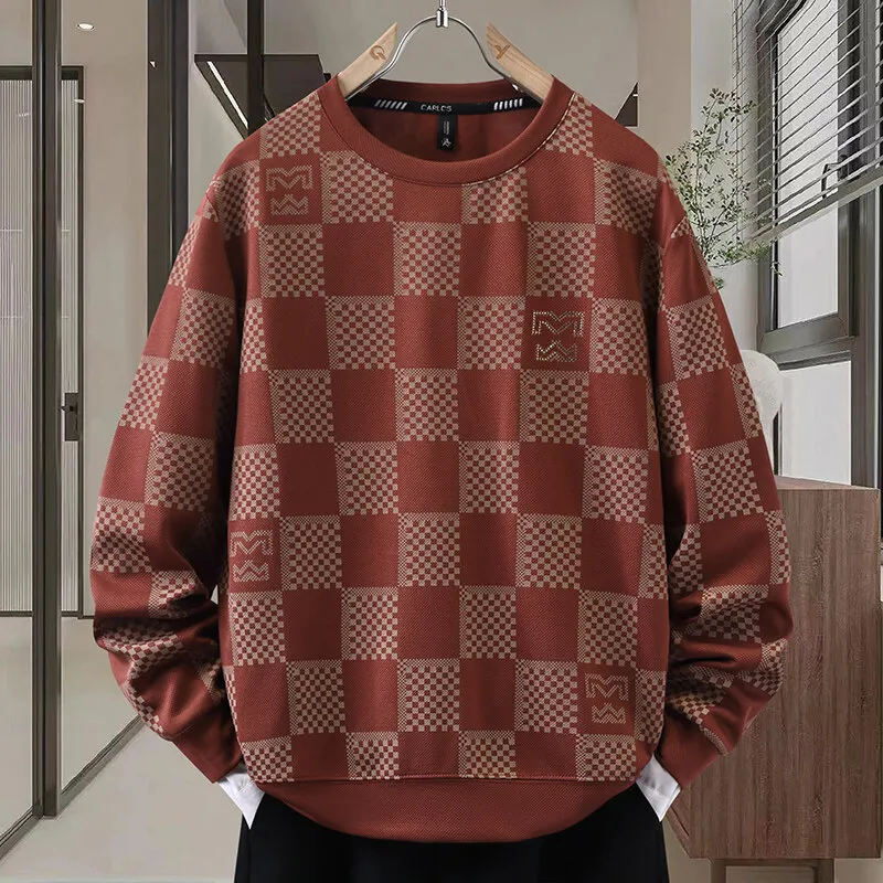 

Chessboard sweatshirt men's fashion brand spring and autumn loose contrast round-neck T-shirt trendy casual versatile leggings