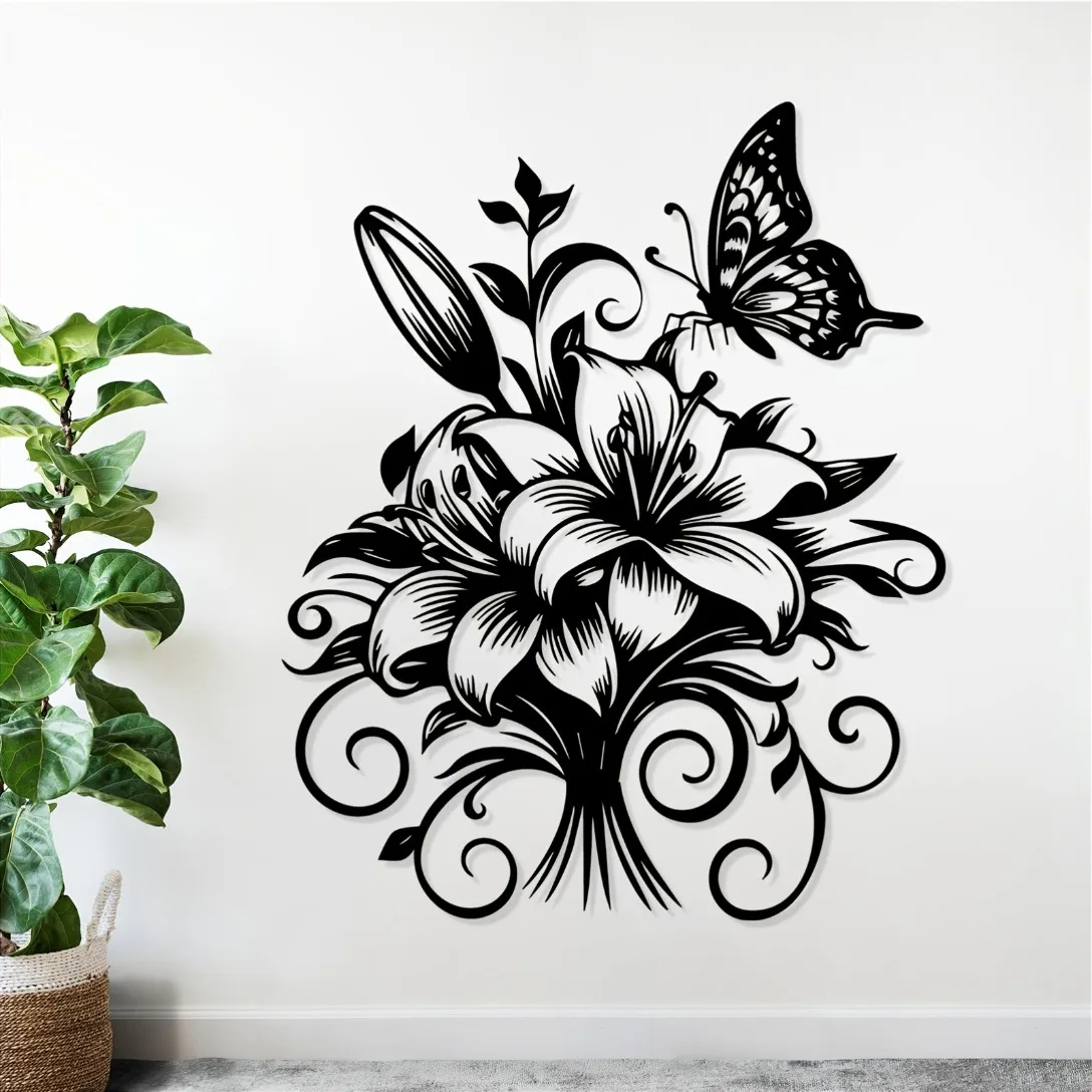 Wrought Iron Wall Art Rustproof Lily Butterfly Decor Living Room Elegant Metal Ornament Blank Wall Space Black Hanging Sculpture
