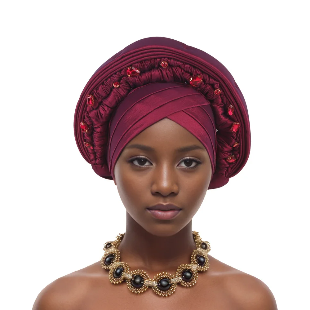 

African Autogele Headtie Raw Silk Diamonds Head Wraps Women Turban Cap Nigeria Wedding Geles Party Headpiece Turbante Mujer 2025