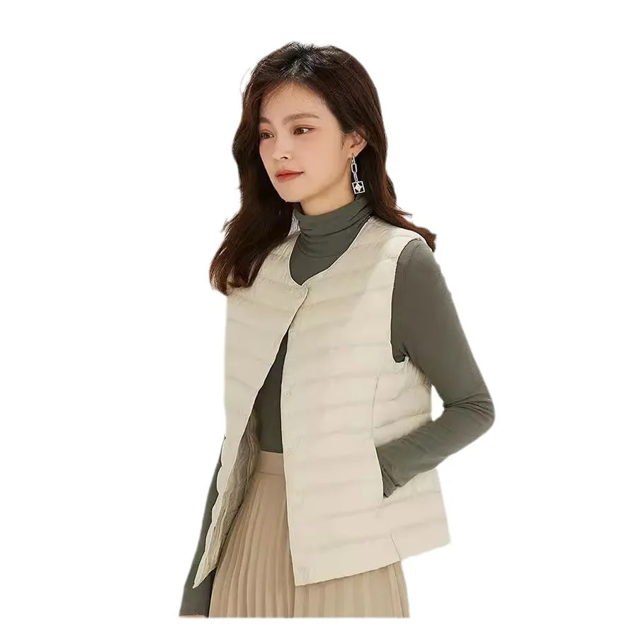 新しい女性用ホワイトダックダウンベスト Vネック軽量暖かいダウンパッド入りノースリーブジャケットプラスサイズチョッキ пальто женское VT-337