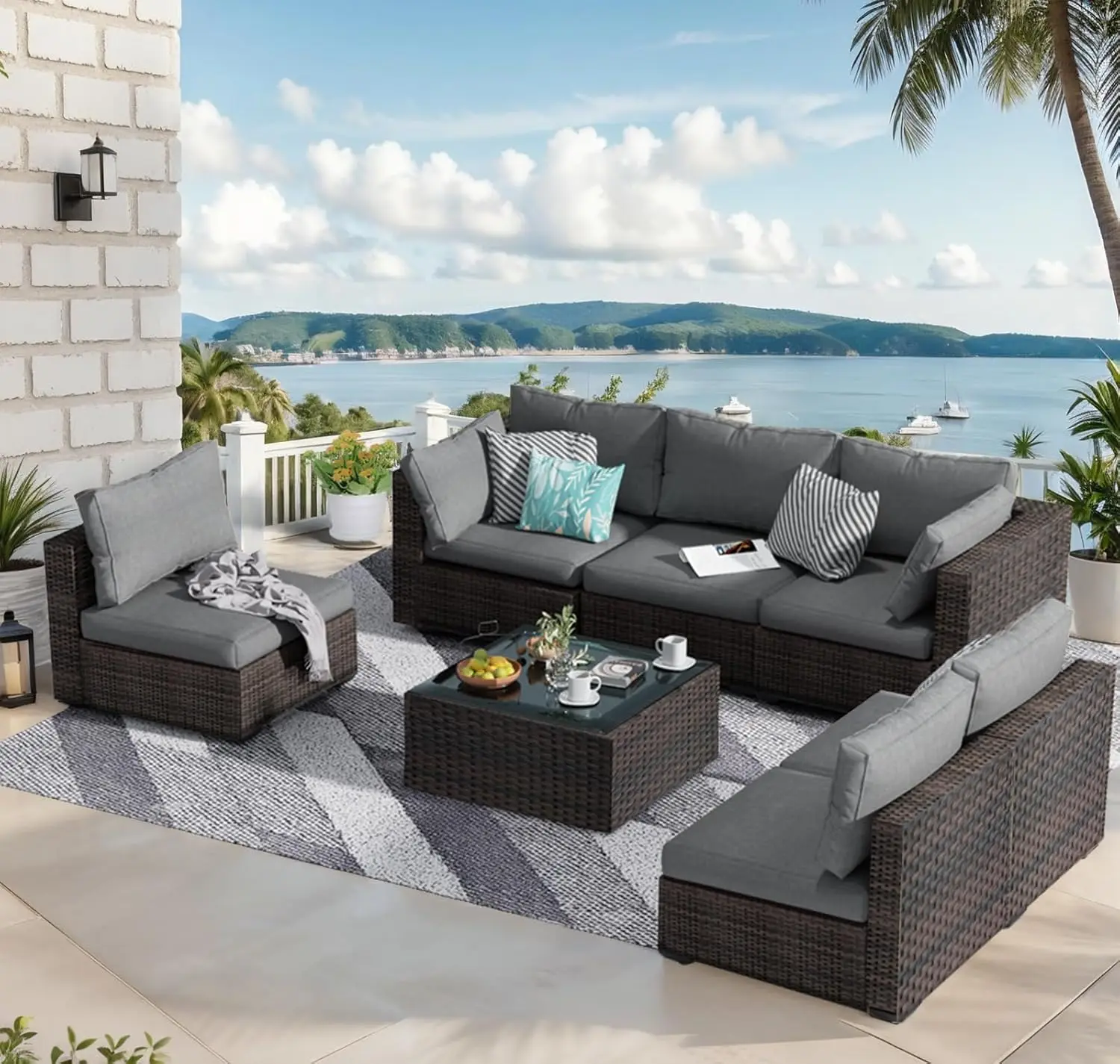 

Patio Furniture Set Outdoor Wicker Sectional Sofa - All Weather High Backrest PE Rattan Couch Conversation Set with Cushion