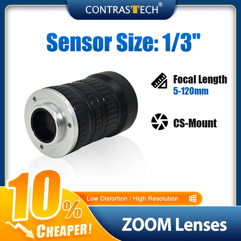

1/3" 1.3MP Auto-Focus 5-100mm 10-120mm Varifocal CS-Mount Zoom Lens for Vision Camera Contrastech