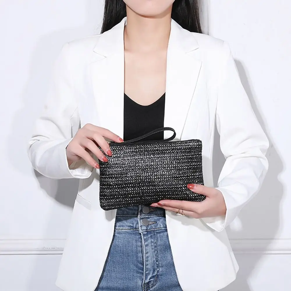 Fashion Ladies Weaving Bag Wristlet Clutch Women Daily Money Phone Clutch Solid Straw Woven Coin Purse Beach Wallet Card Holder