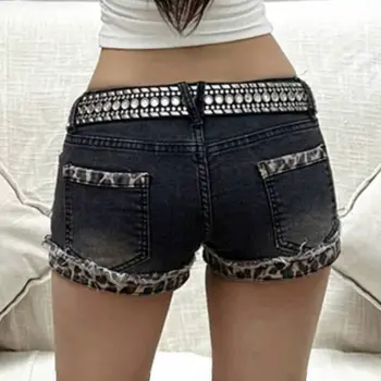 原宿復古 Y2K 牛仔短褲 女士 Grunge 風低腰緊身牛仔短褲 女性感豹紋迷你短褲 10 最佳銷售 短款牛仔褲女 - №8