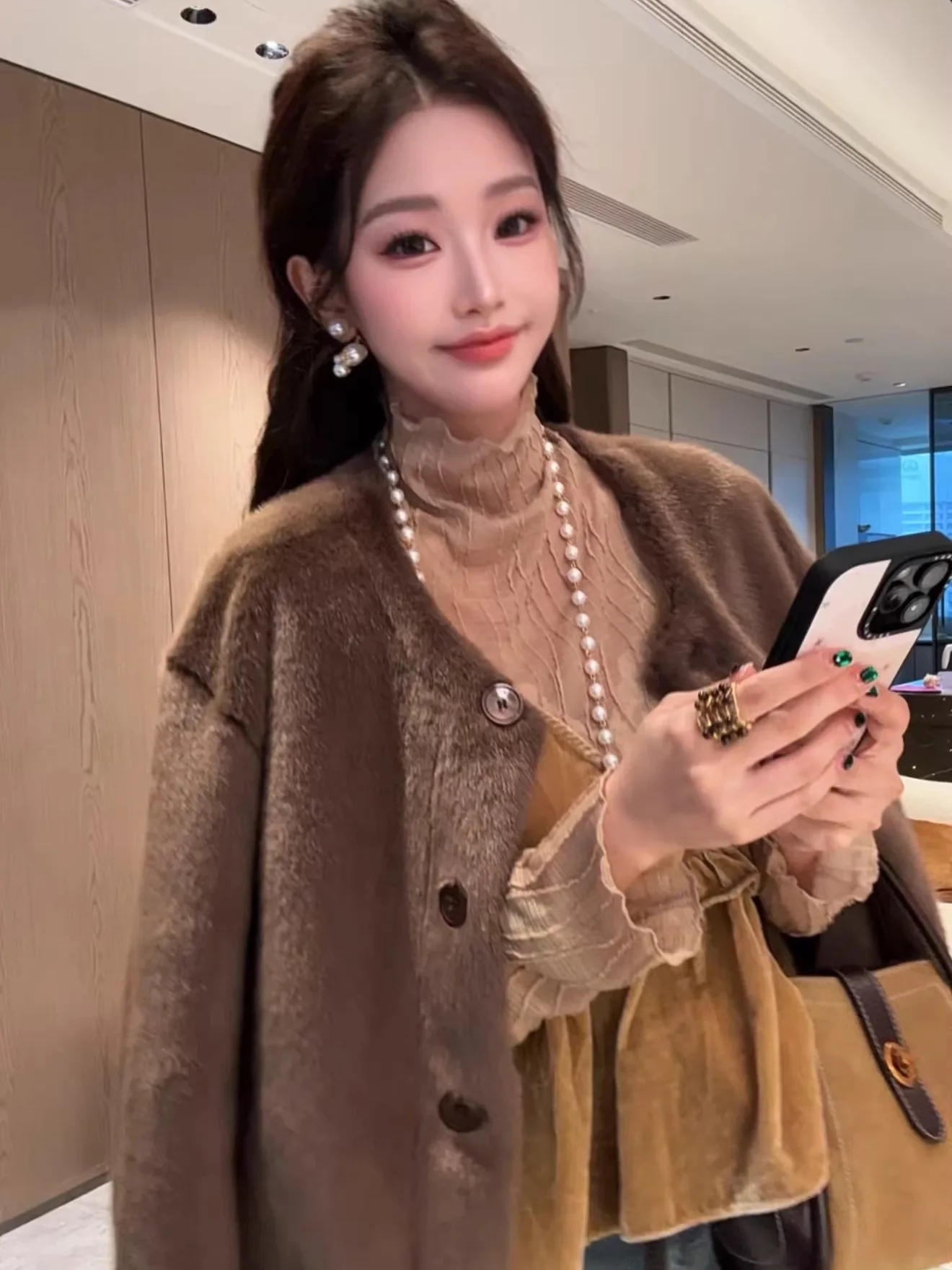 

New Dadada ort Faionable Versatile Mocca Fce Outerwear THM3433 Stand Fit Polyester Blend Ladies Winter Coat