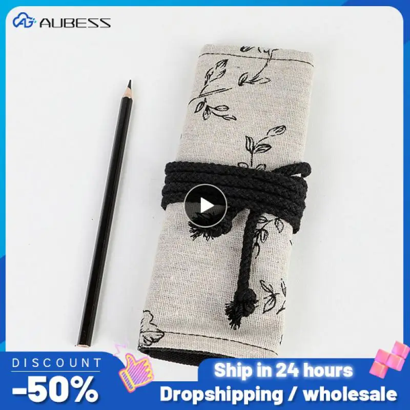 Pencil Case Canvas Material Folding Storage Elastic Socket Has Many Uses High Capacity Student Supplies Storage Bag Pen Curtain