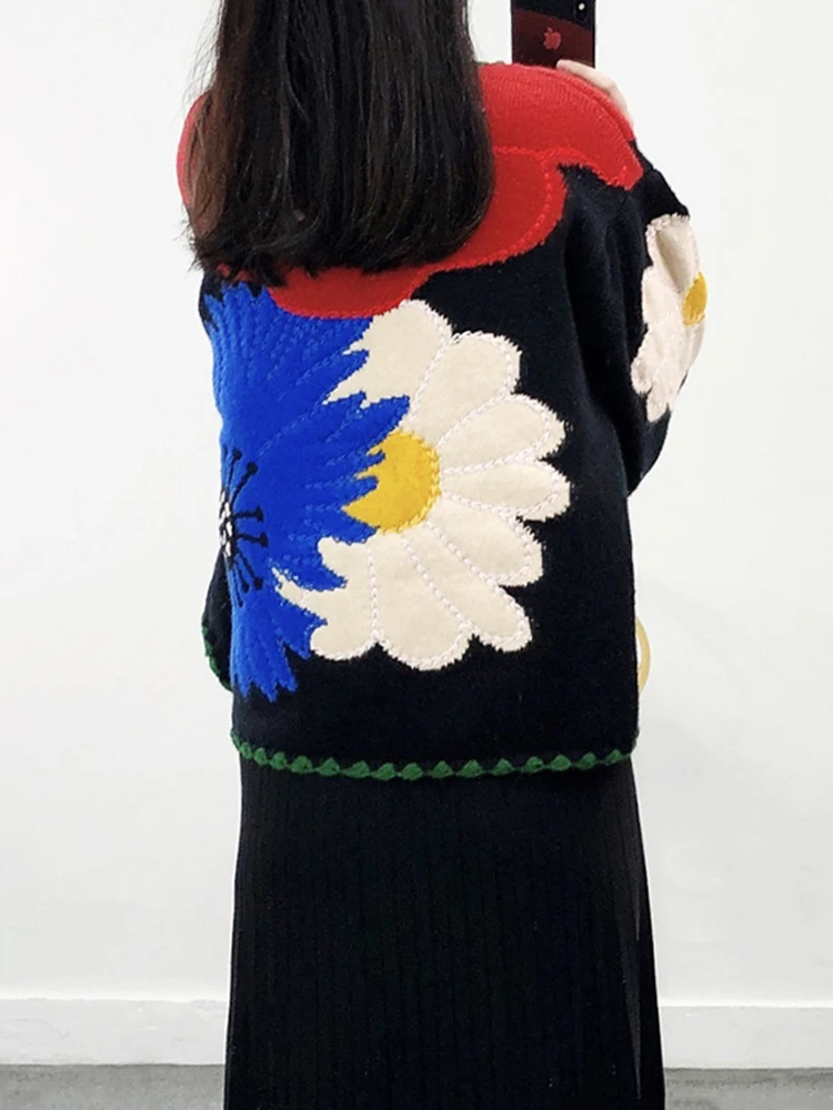 KHALEE YOSE Boho Floral Knitted Sweater Cardigan Thick Flower Black Colorful Autumn Winter Women Sweaters Women Ladies Cardigans