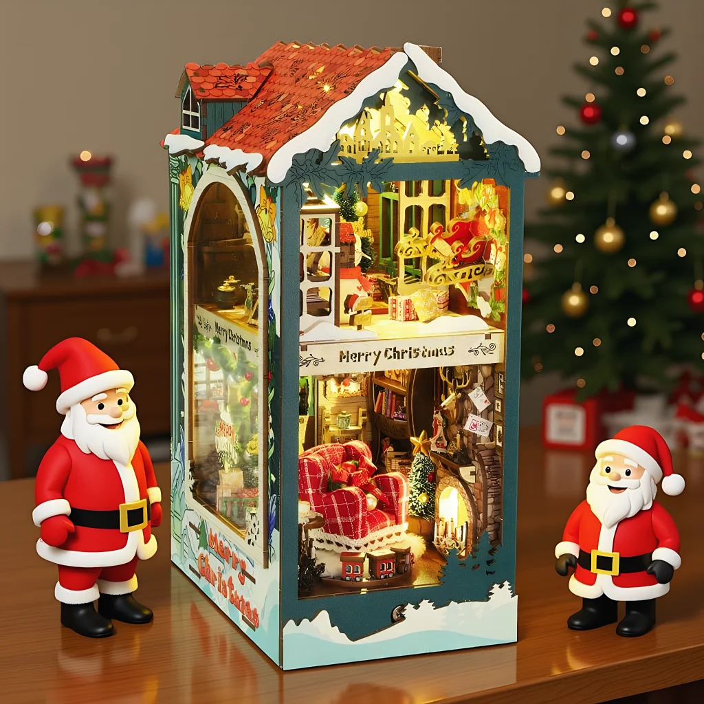 

DIY Christmas Book Nook Kit with LED Lights and Furniture Wooden Miniature Model Bookshelf Decor Gift for Friends
