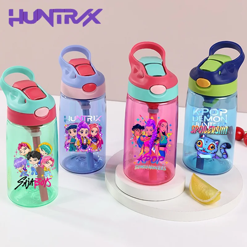 KPop Demon Hunters vaso para beber taza de plástico portátil de gran capacidad niños dibujos animados lindo deportes paja taza para beber botella de agua