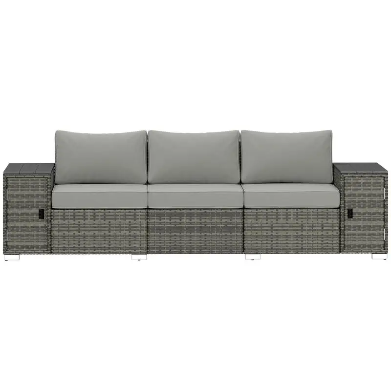 

3 Seater Wicker Outdoor Couch Patio Sofa with Storage, Thickened Cushions and Wide Armrests for Porch Yard, Gray