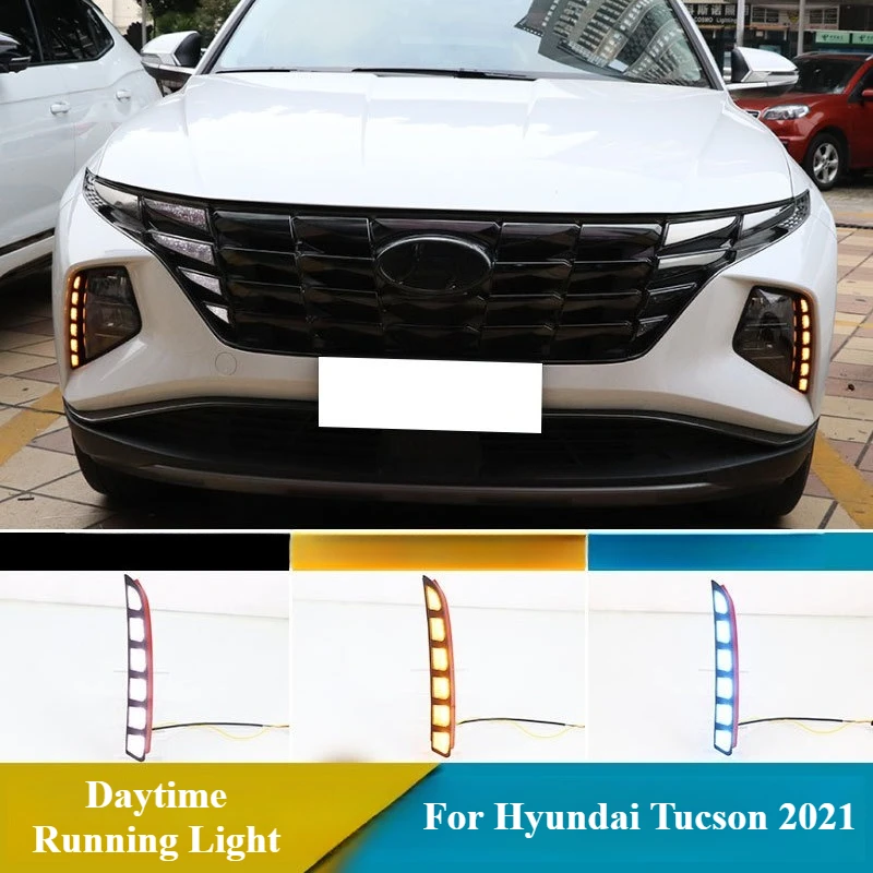 

For Hyundai Tucson 2021 2Pcs Led Daytime Running Lights Front Bumper Fog Lamp DRL Dynamic Turn Signal Night Blue 12V Daylights