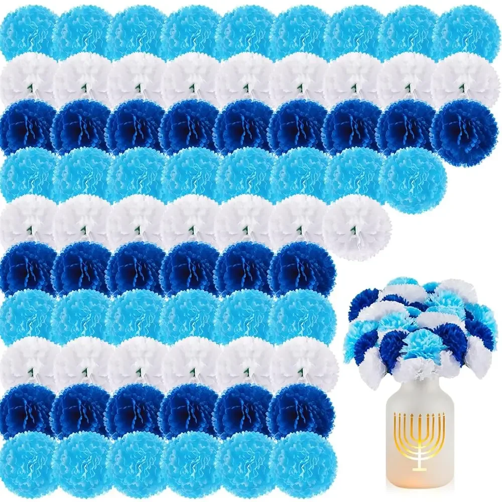 

50 шт. искусственных цветов бархатцев сине-белого цвета оптом для декора дома, оформления мероприятий и вечеринок, с ножками, для поделок своими руками