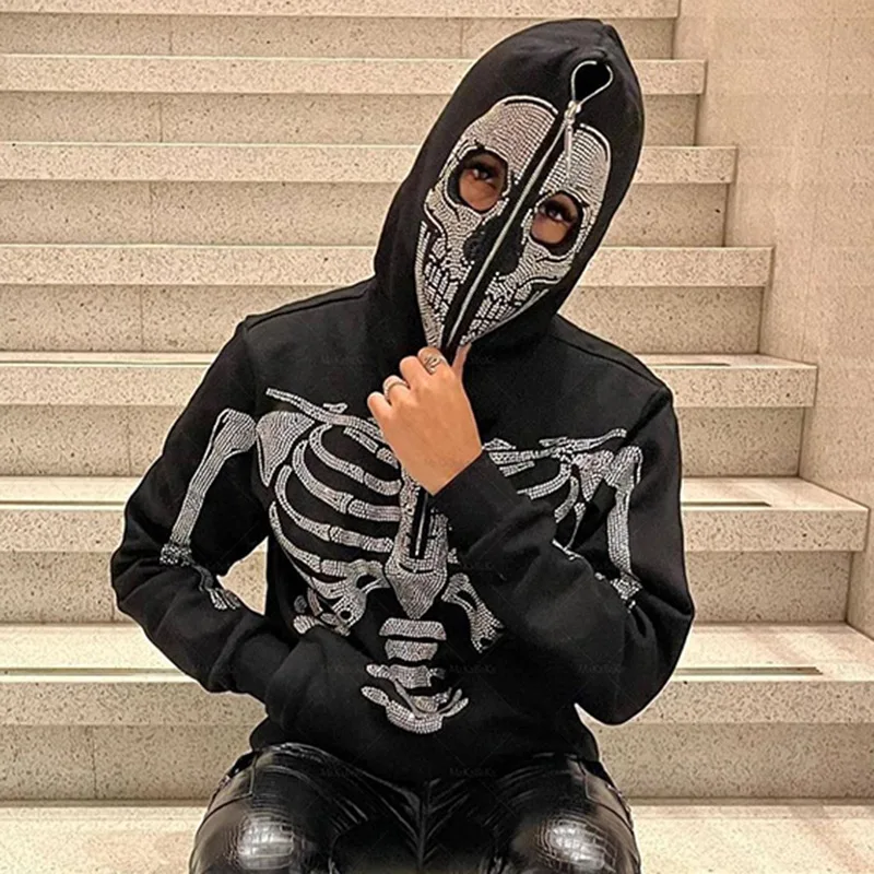 Goth Skeleton Rhinestones Zip Up Hoodie Y2K Hip Hop Punk Sweatshirt Oversized Harajuku Streetwear Pullover Outerwear Men Women