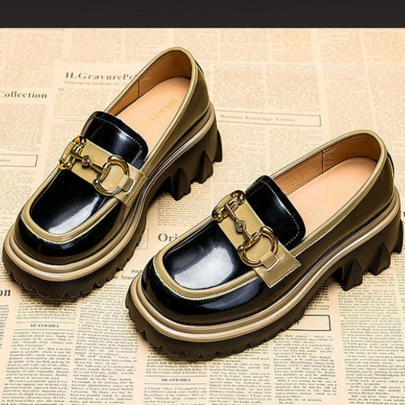 Spring Autumn Platform Shoes for Women British Style Loafers Leather Casual Shoe Thick-soled Heightened Pumps Breathable Zapatos