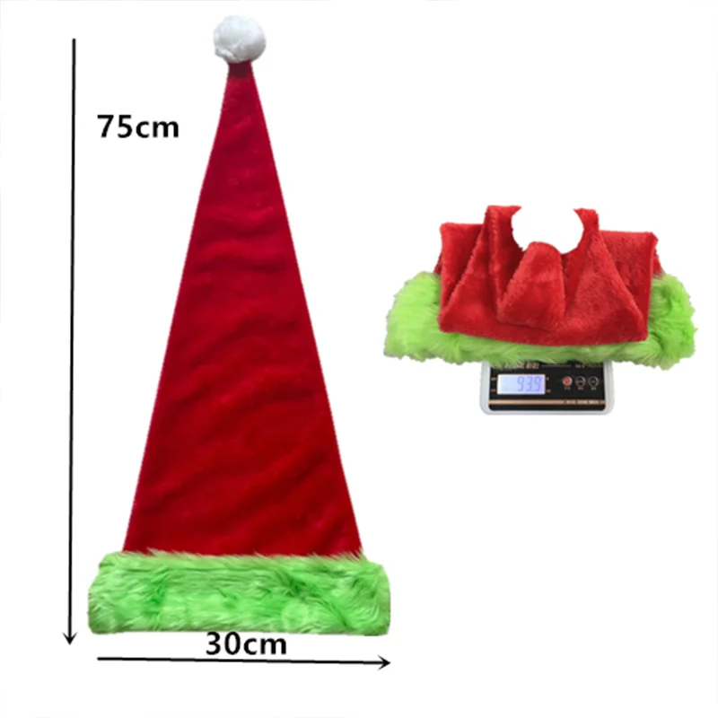 Plüsch-Weihnachtsmütze, 75 cm, roter Plüsch-Weihnachtsdekorationshut mit grünem Rand, Weihnachtsatmosphärenhut