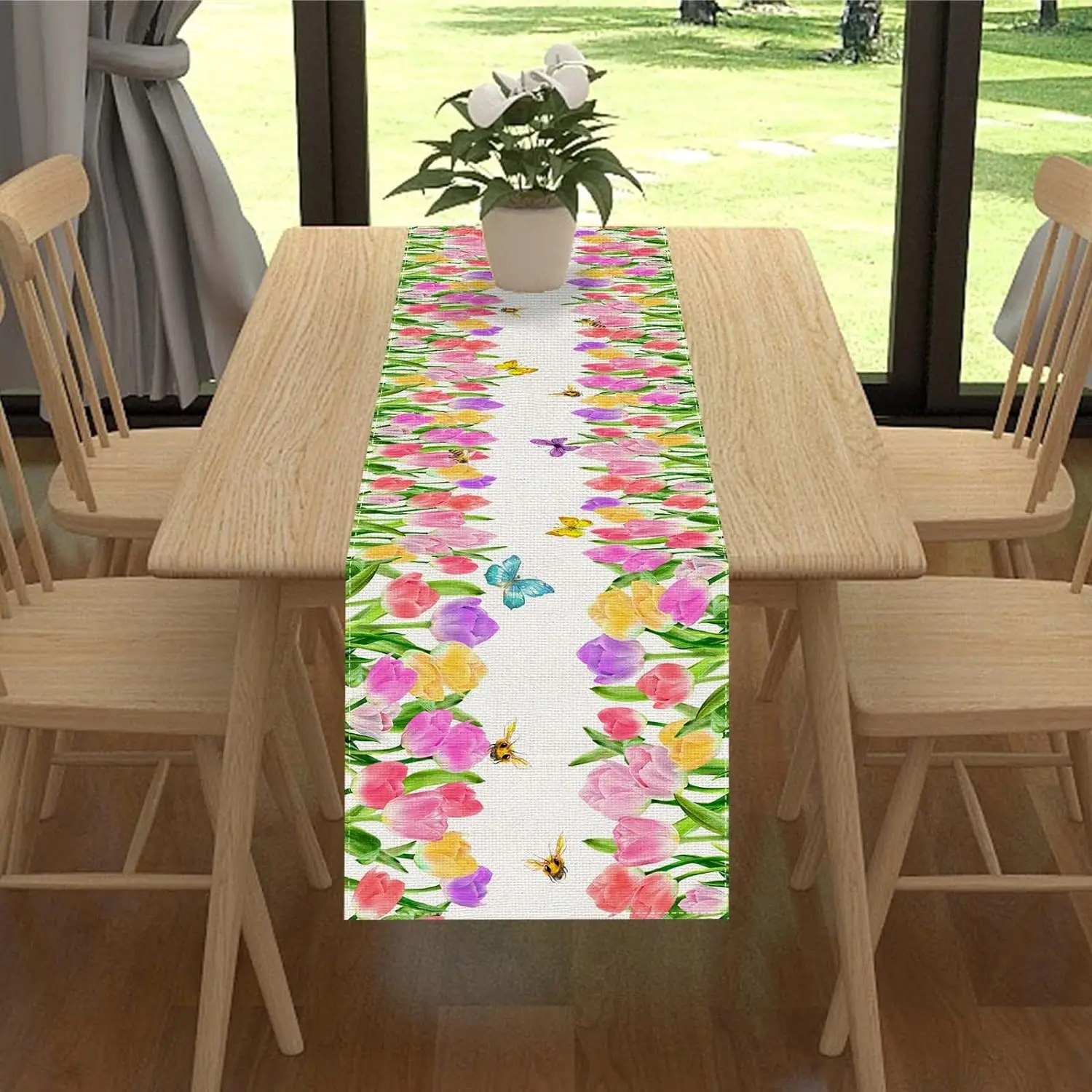 Watercolor Tulip Butterfly Bee Spring Flower Linen Table Runner Summer Floral Kitchen Dining Table Decor Wedding Party Decor