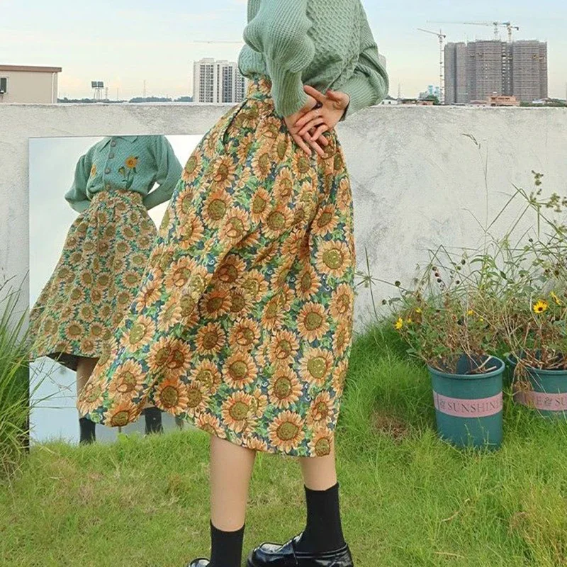 Female sunflower jacquard high waist slimming half body skirt  vintage  maxi skirt  LOOSE FIT  korean style