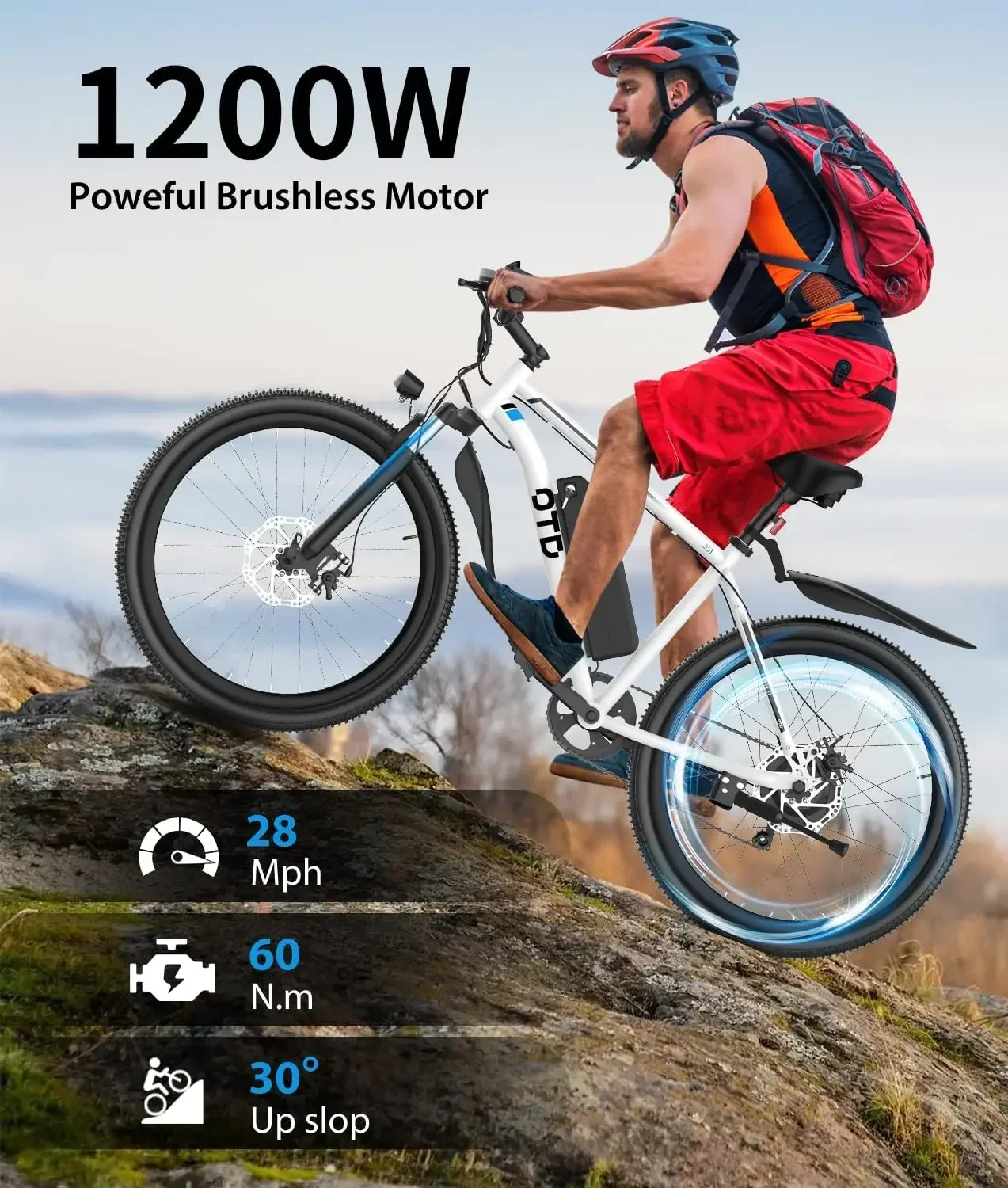 Electric Bike For Adults 1200W Peak Lightweight Mountain Ebikes,28MPH 26