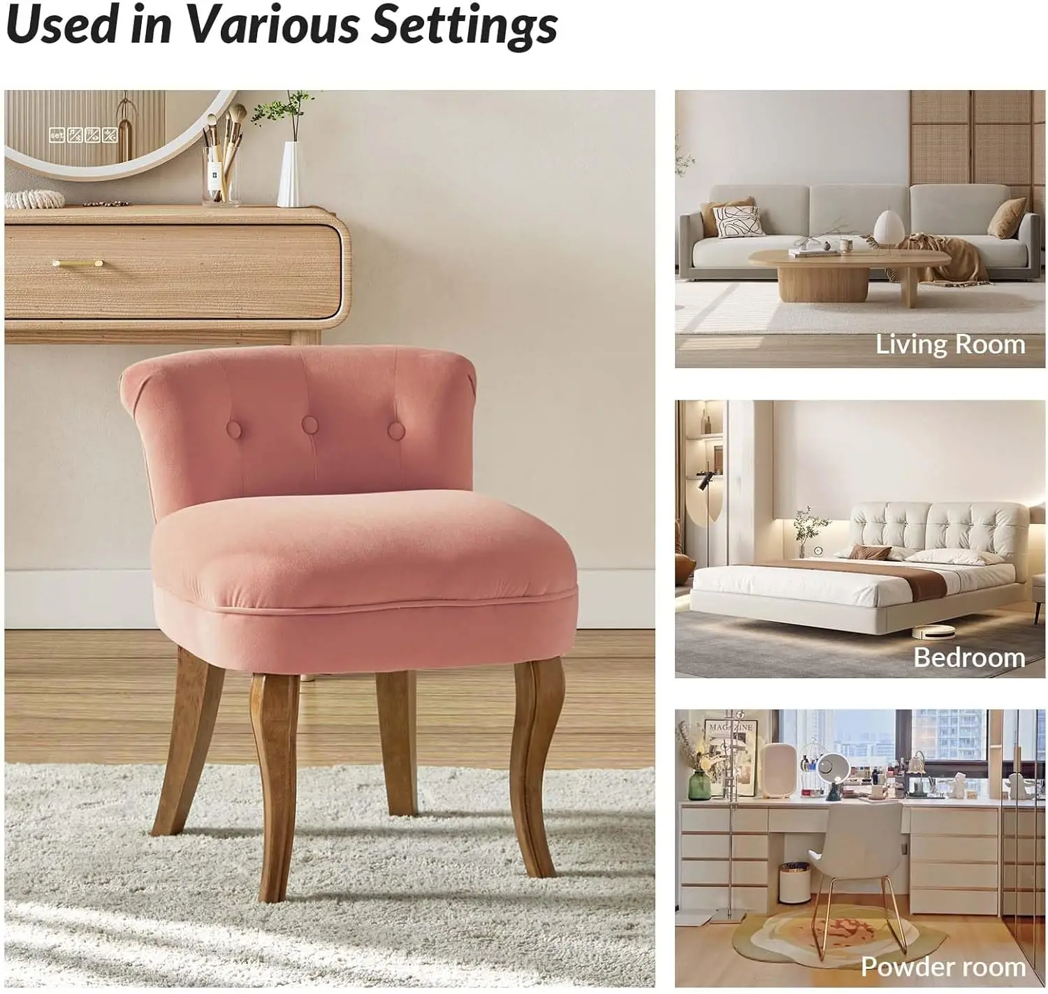 مقعد فانيتي مخملي وردي مع أرجل من الخشب الصلب، كرسي مكياج منجد حديث لغرفة النوم أو غرفة المعيشة