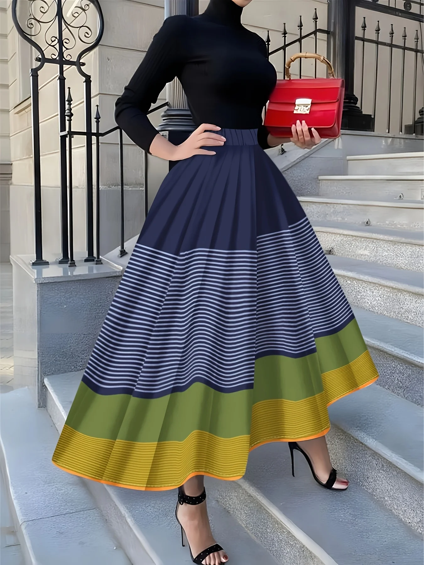 Printed Design Four season striped color block pattern skirt vacation style half skirt