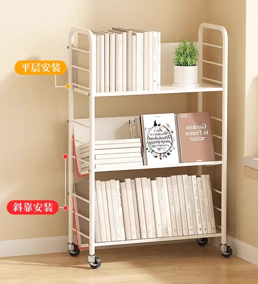 Bookshelf floor shelves can be moved with wheel multi-layer picture book shelf simple iron art against the wall small bookcase