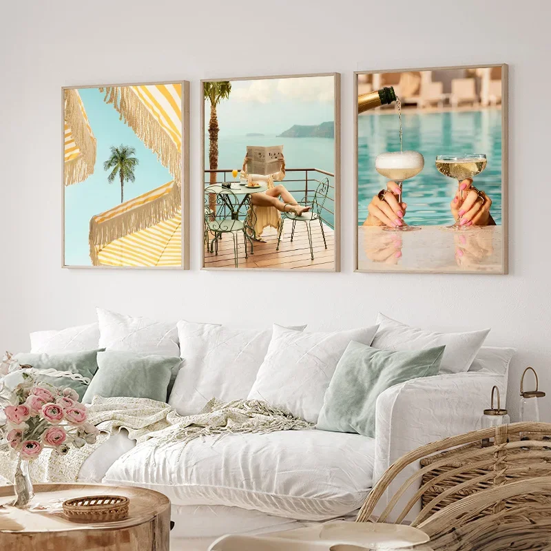 Summer Sunshine Beach Woman Surf Swimming Palm Trees Sea View Poster Travel Canvas Paintings Wall Art Pictures Home Decor