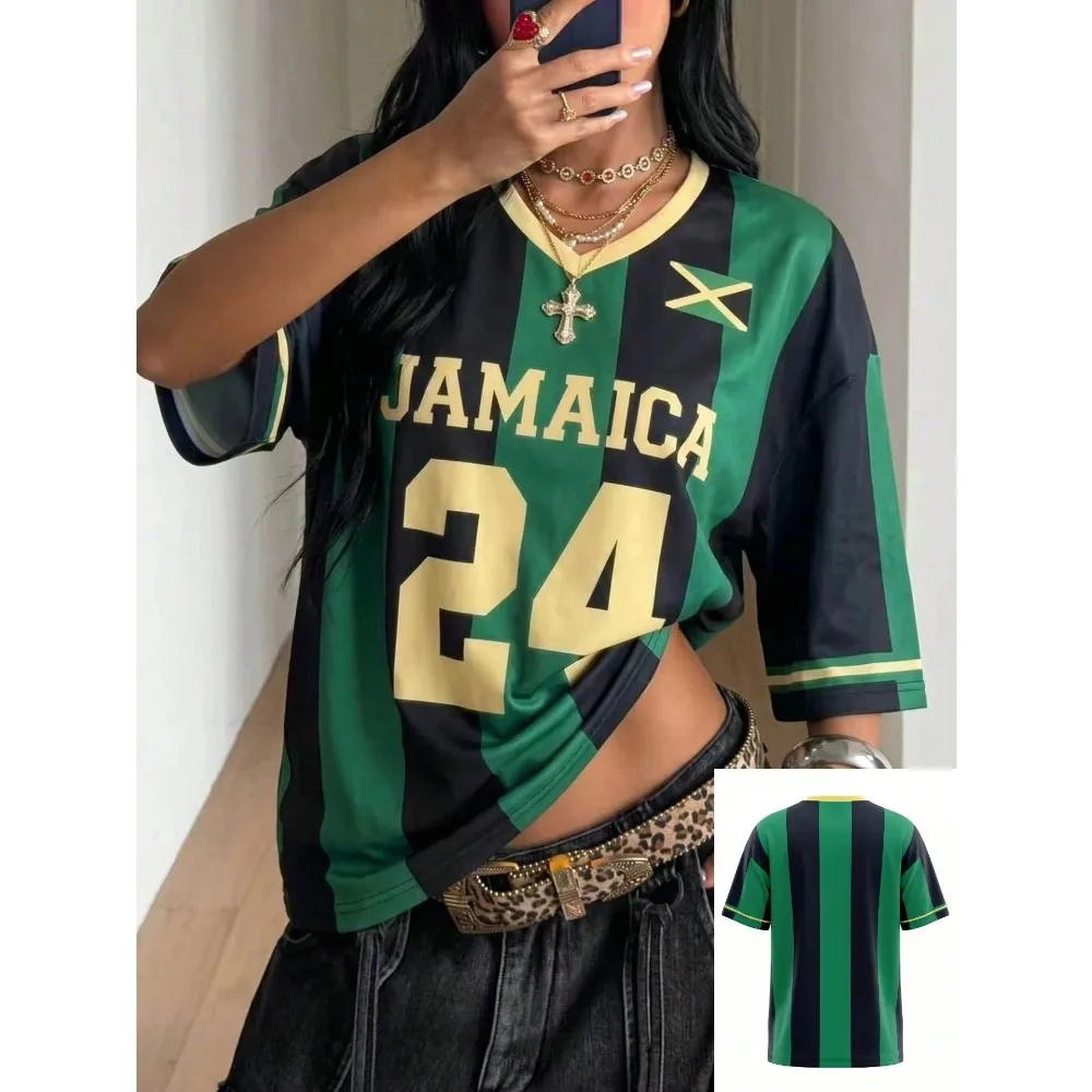 2026 Green Black Womens Jersey Striped TShirts Summer Casual JAMAICA Style 3D Print Short Sleeve Tops Tee Streetwear