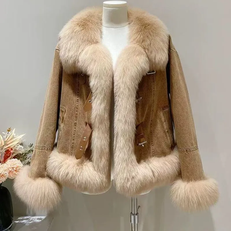 Women Denim Coats Y2k Casual Jackets Squre Collar Long Sleeves Faux Fur Distressed Loose Open Stitch Slight Strech 2026 Autumn