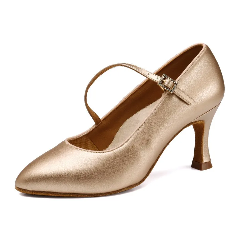 Silver Tan Leather Closed Toe Standard Ballroom Latin Wedding Shoes Meduim Heel 5.5cm 6.5cm 7.5cm Ballroom Dance shoes For Women