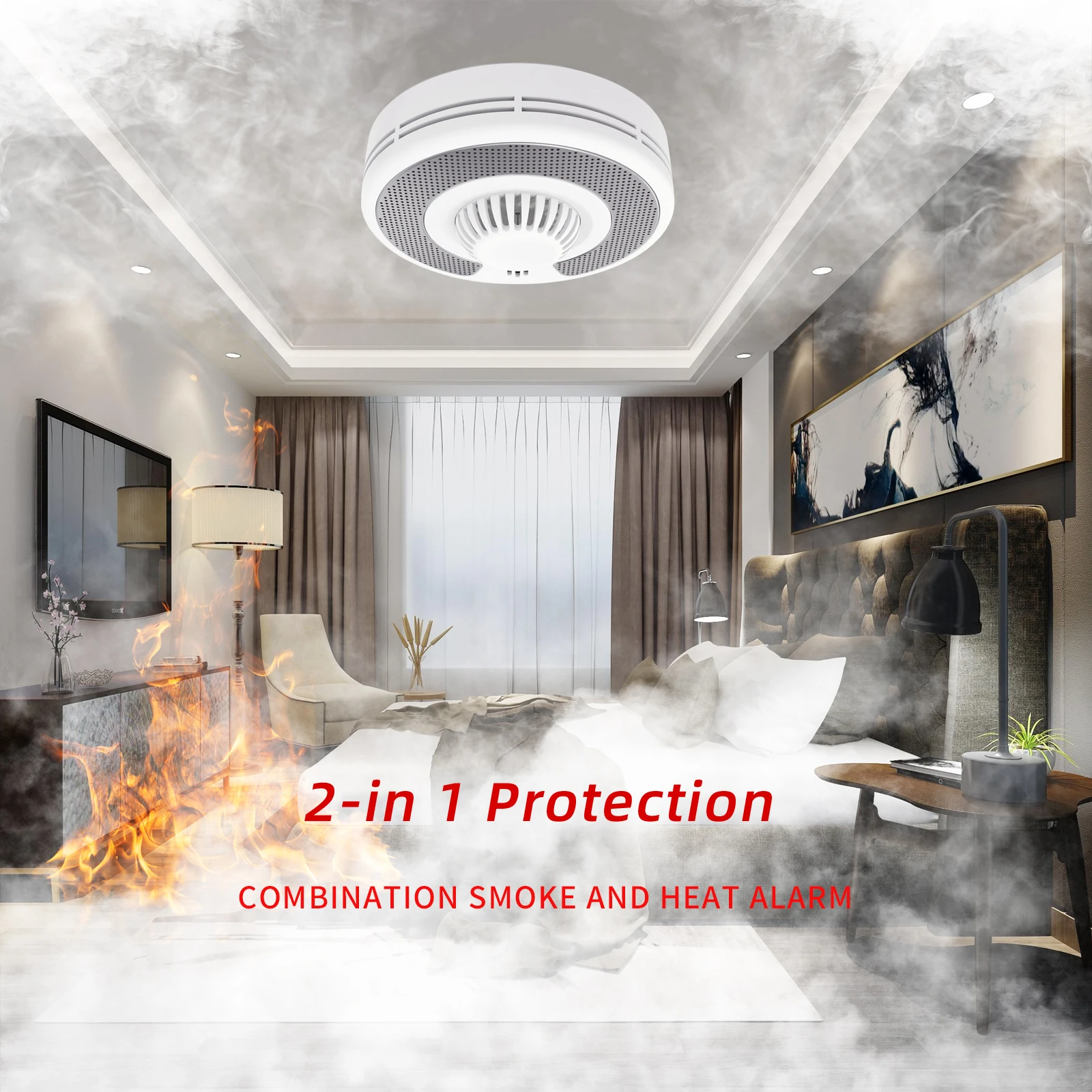 Combination Smoke and Heat Alarm, 2-in 1 Protection, Fire Alarm with 10 years sealed battery, VSH03, CE,