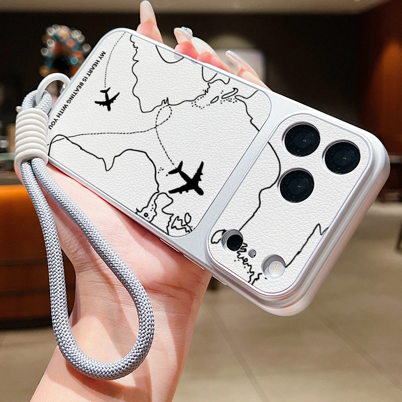 Matte Leather Texture Phone Case For iPhone 17 Pro 16 15 14 13 Pro Max Air Route Pattern Wrist Strap Lanyard Soft TPU Back Cover