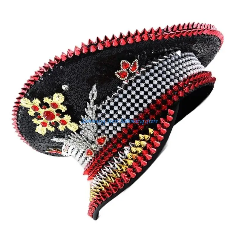 

573B Versatiles Studded Navies Hat Sequins Embellished Captain Hat Stylish Hat