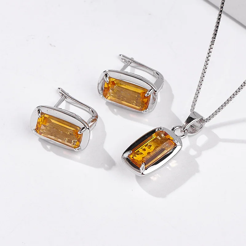 BOCAI New S925 Pure Silver Jewelry Simple and Fashionable Square Yellow Crystal Pendant Women's Choice Gift