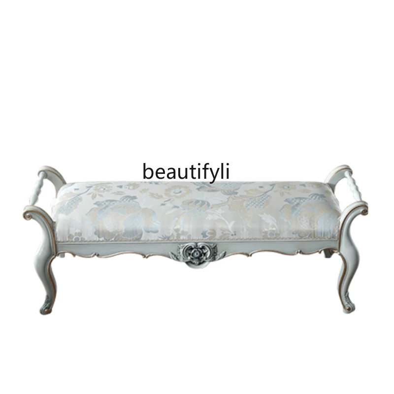 

French Furniture European-Style Carved Bed End Stool Mercerized Fabric Bed Bed Bedroom Solid Wood Shoe Changing Stool