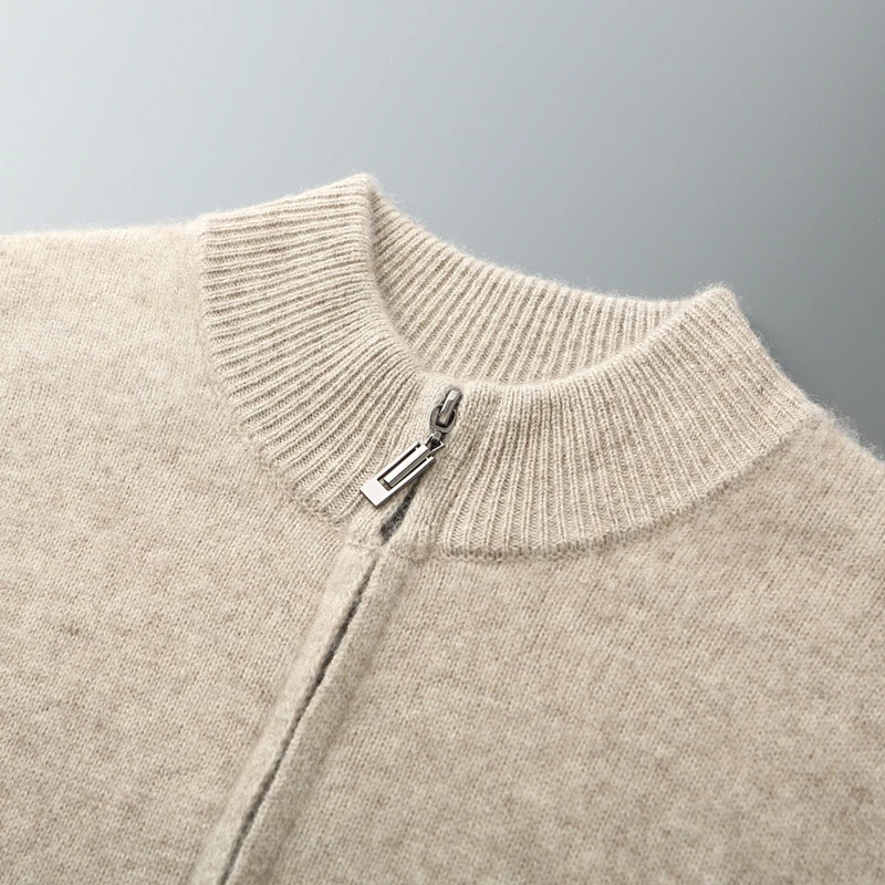 Fall/Winter New Men's 100% Pure Wool Half-high Neck Zipper Thickened Cardigan Jacket Knitted Sweater Jacket