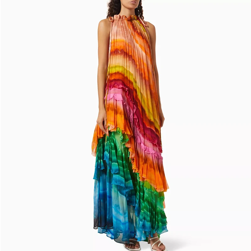 Vestido feminino verão o pescoço sem mangas solto boêmio rendas até vestidos de férias plissados gradiente impresso em camadas bolo vestido longo