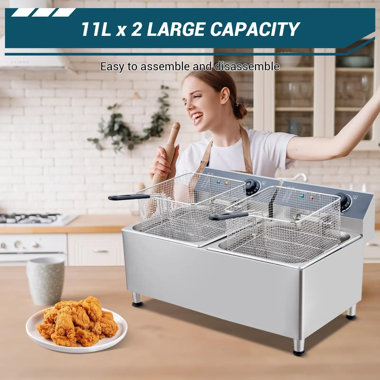 11.6/23.2 Q.T مقلاة عميقة تجارية 1700/3400 واط مقلاة كهربائية من الفولاذ المقاوم للصدأ مع غطاء سلة للتحكم في درجة الحرارة