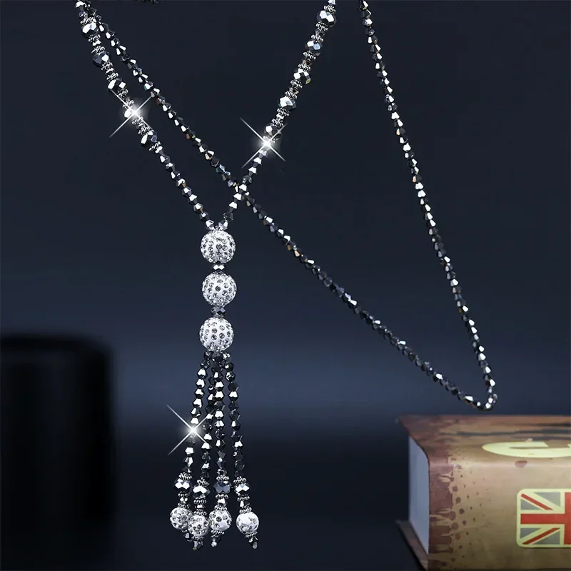 Korean Fashion Shiny Crystales Beads Long Tassel Necklace for Women Simple Sweater Chain Charm Female Party Jewelry