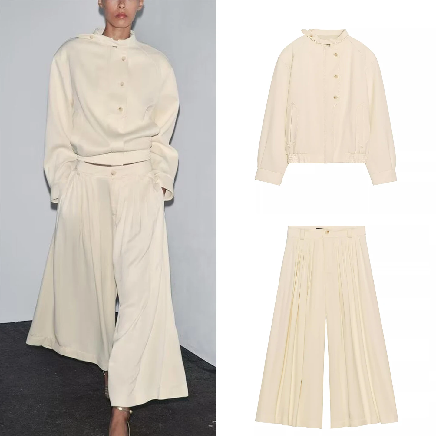 

Z Women's Faion Button Coat Pleated Pants 2025 New Sle Commute Windbreaker Loose Fit Polyester Long Sve ort Length