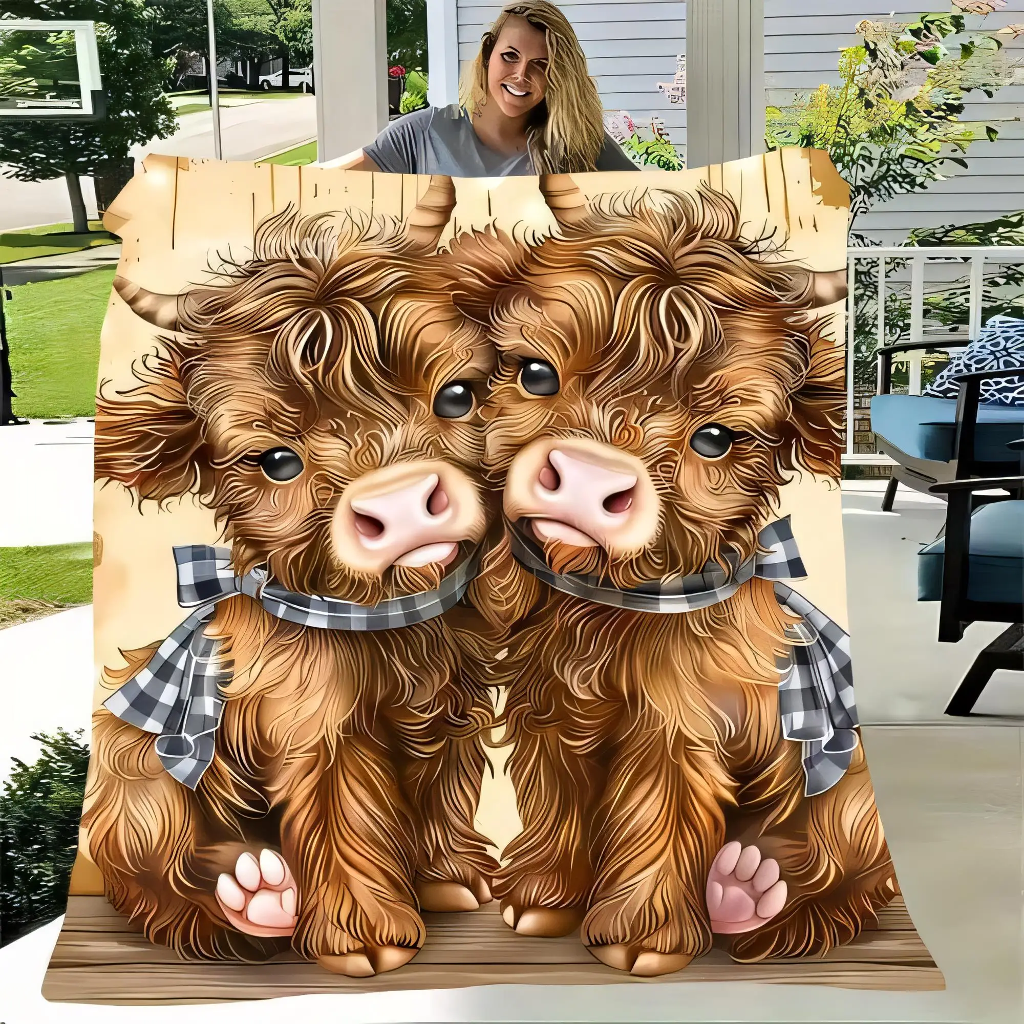 Entzückende Plüschdecke mit Highland-Kuhen, weich, gemütlich, Überwurf für Heimdekoration, perfekt für Terrassen im Freien, Geschenkidee für Tierliebhaber