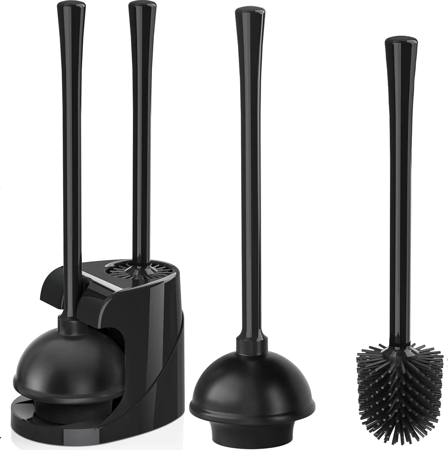 

Toilet Plunger and Brush Set, Silicone 2-in-1 Combo with Holder for 5.7-Inch Drain, Black Caddy Stand