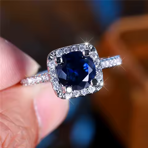 Luxury Female Blue Round Zircon Stone Ring Trendy Silver Color Engagement Cute Bride Wedding Jewelry Gift For Women